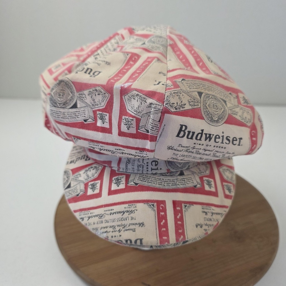 Budweiser Hat Newsboy Fitted Mens 7 3/4 Red Beer Label Print Cap Casual